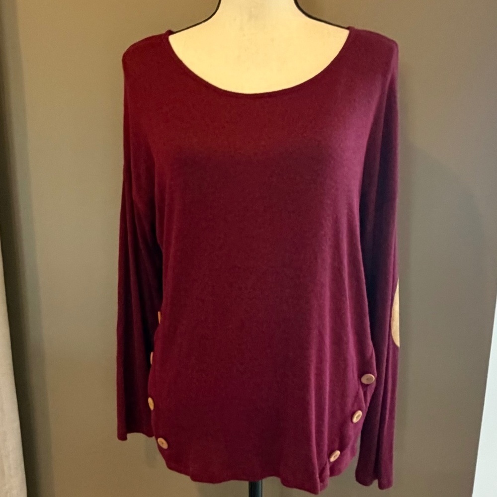 Blu Pepper Burgundy Lightweight Sweater elbow patch button accents, Size Large